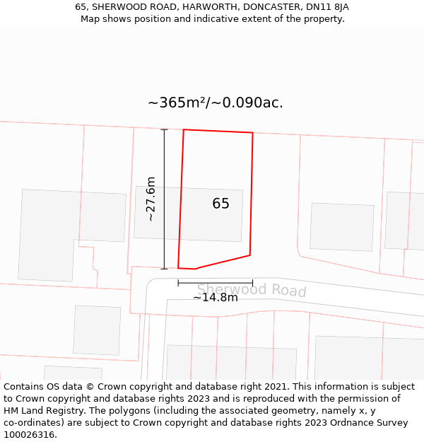 65, SHERWOOD ROAD, HARWORTH, DONCASTER, DN11 8JA: Plot and title map