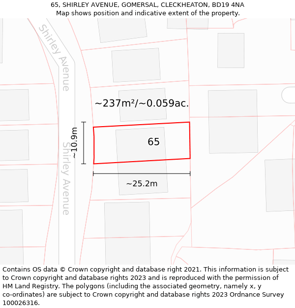 65, SHIRLEY AVENUE, GOMERSAL, CLECKHEATON, BD19 4NA: Plot and title map