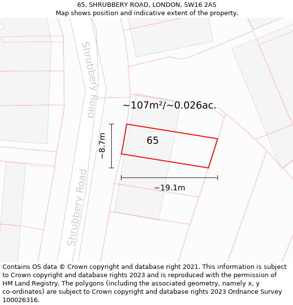 65, SHRUBBERY ROAD, LONDON, SW16 2AS: Plot and title map