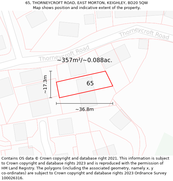 65, THORNEYCROFT ROAD, EAST MORTON, KEIGHLEY, BD20 5QW: Plot and title map