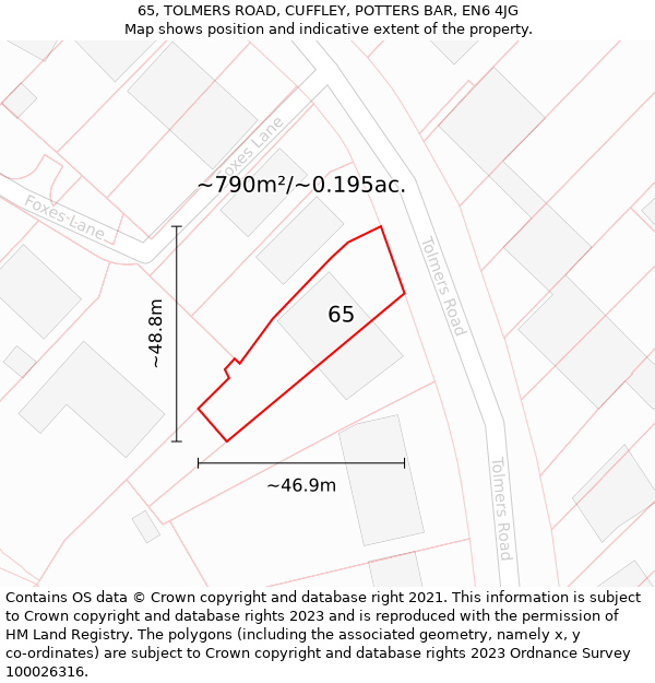 65, TOLMERS ROAD, CUFFLEY, POTTERS BAR, EN6 4JG: Plot and title map