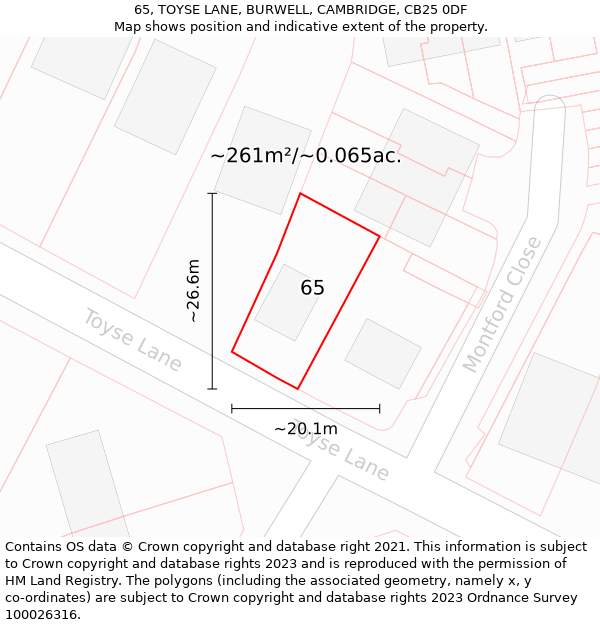 65, TOYSE LANE, BURWELL, CAMBRIDGE, CB25 0DF: Plot and title map