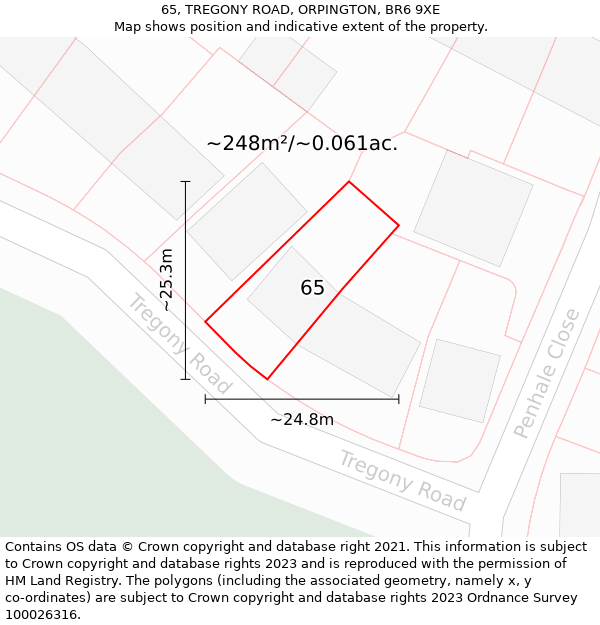 65, TREGONY ROAD, ORPINGTON, BR6 9XE: Plot and title map