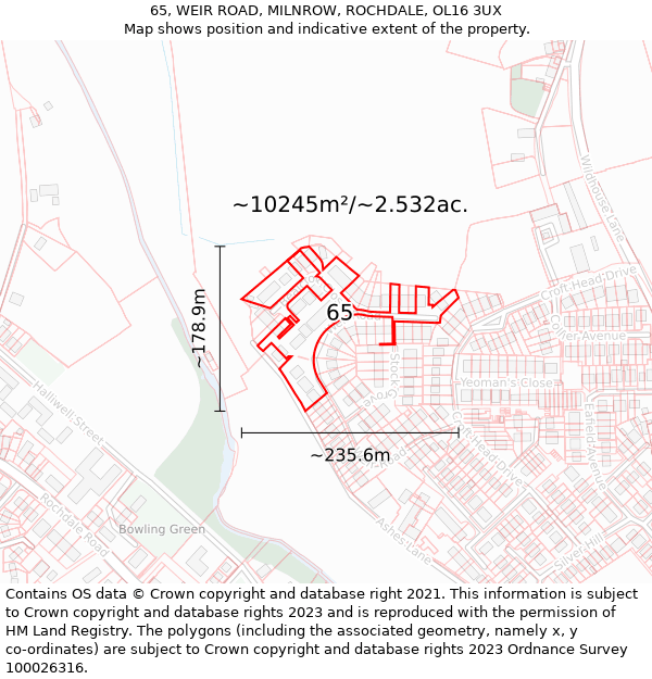 65, WEIR ROAD, MILNROW, ROCHDALE, OL16 3UX: Plot and title map