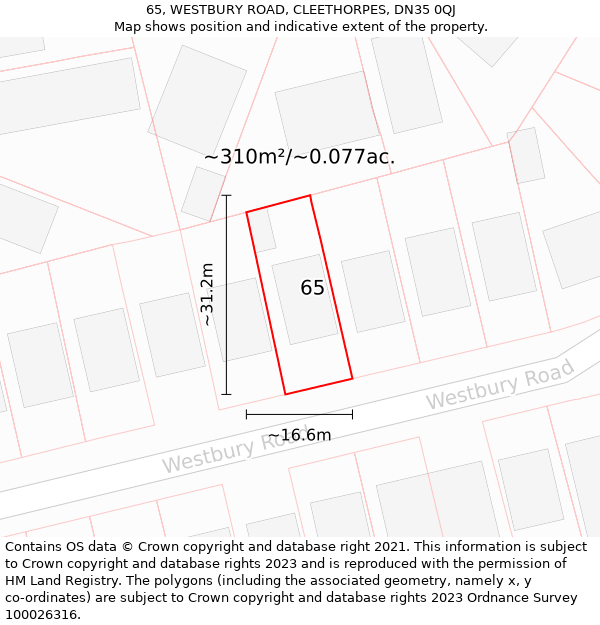 65, WESTBURY ROAD, CLEETHORPES, DN35 0QJ: Plot and title map