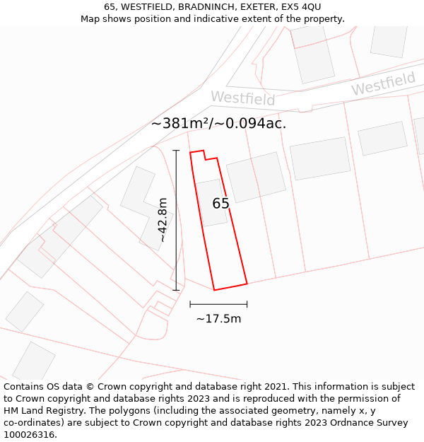 65, WESTFIELD, BRADNINCH, EXETER, EX5 4QU: Plot and title map