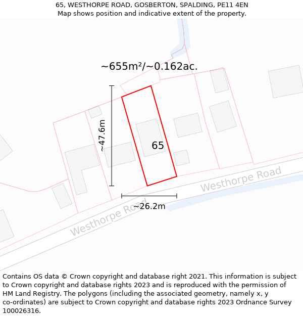 65, WESTHORPE ROAD, GOSBERTON, SPALDING, PE11 4EN: Plot and title map