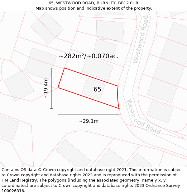 65, WESTWOOD ROAD, BURNLEY, BB12 0HR: Plot and title map