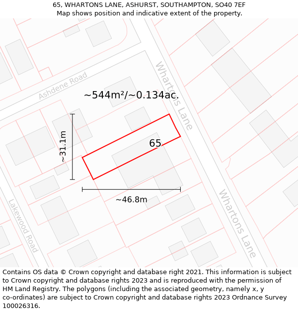 65, WHARTONS LANE, ASHURST, SOUTHAMPTON, SO40 7EF: Plot and title map