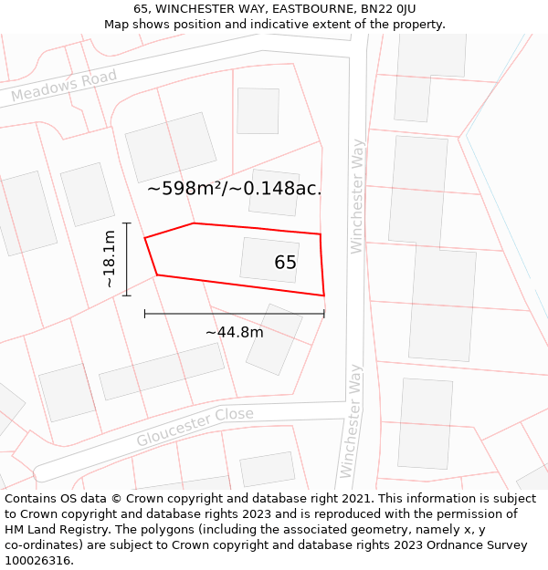 65, WINCHESTER WAY, EASTBOURNE, BN22 0JU: Plot and title map