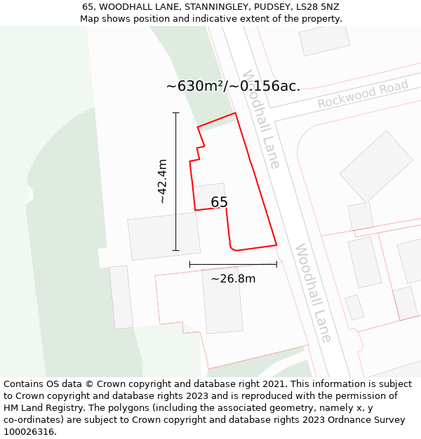 65, WOODHALL LANE, STANNINGLEY, PUDSEY, LS28 5NZ: Plot and title map