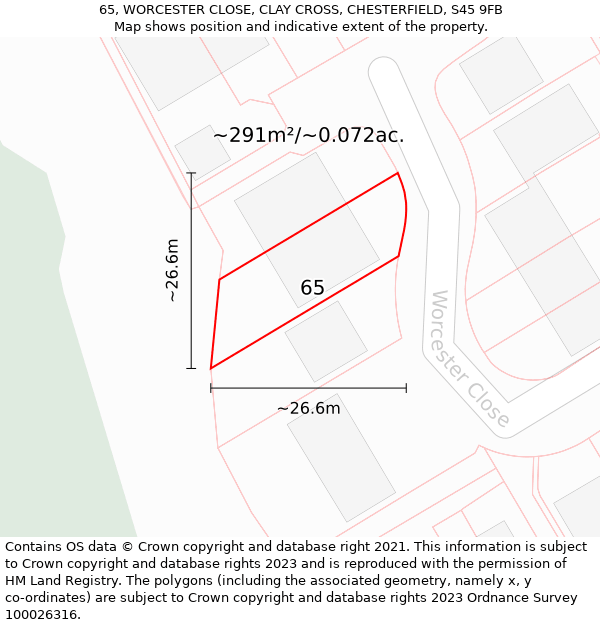 65, WORCESTER CLOSE, CLAY CROSS, CHESTERFIELD, S45 9FB: Plot and title map