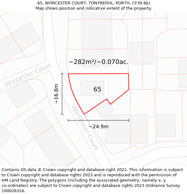 65, WORCESTER COURT, TONYREFAIL, PORTH, CF39 8JU: Plot and title map