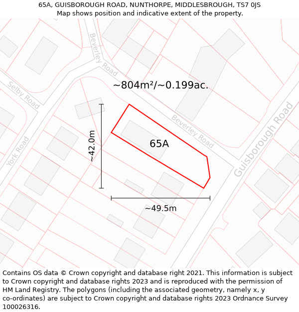 65A, GUISBOROUGH ROAD, NUNTHORPE, MIDDLESBROUGH, TS7 0JS: Plot and title map