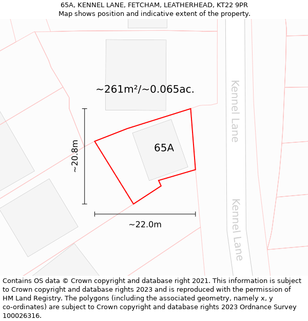 65A, KENNEL LANE, FETCHAM, LEATHERHEAD, KT22 9PR: Plot and title map