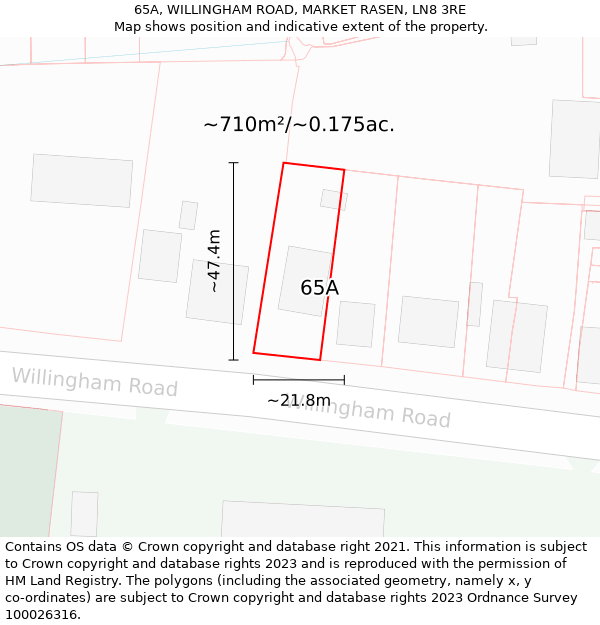 65A, WILLINGHAM ROAD, MARKET RASEN, LN8 3RE: Plot and title map