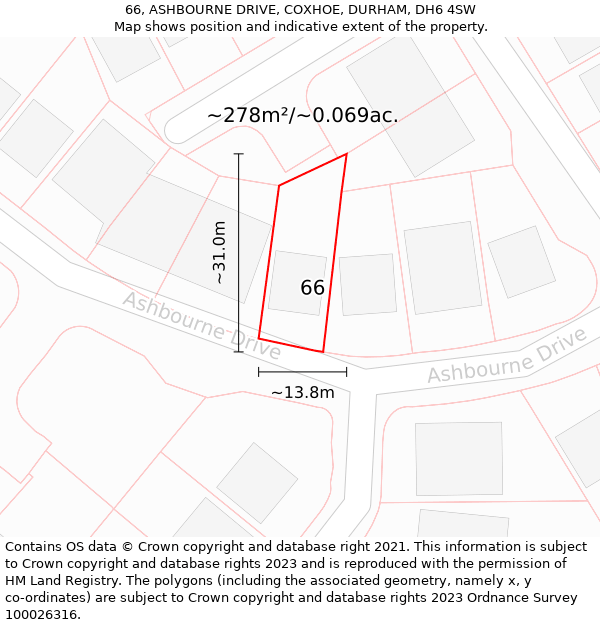 66, ASHBOURNE DRIVE, COXHOE, DURHAM, DH6 4SW: Plot and title map