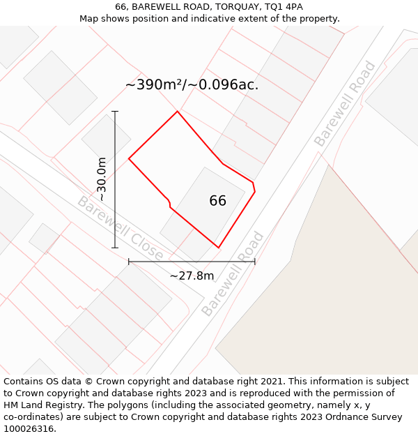 66, BAREWELL ROAD, TORQUAY, TQ1 4PA: Plot and title map