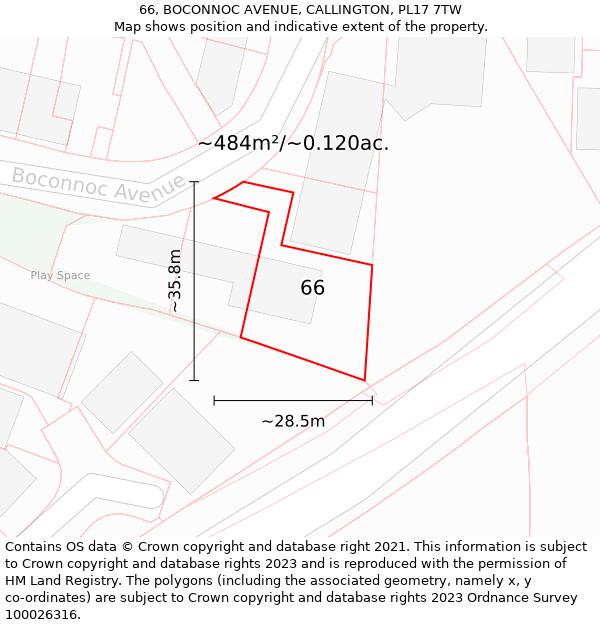 66, BOCONNOC AVENUE, CALLINGTON, PL17 7TW: Plot and title map