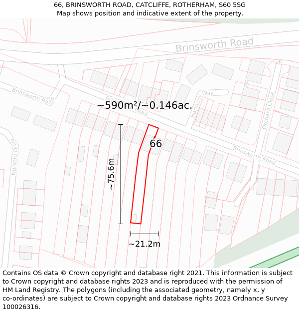 66, BRINSWORTH ROAD, CATCLIFFE, ROTHERHAM, S60 5SG: Plot and title map