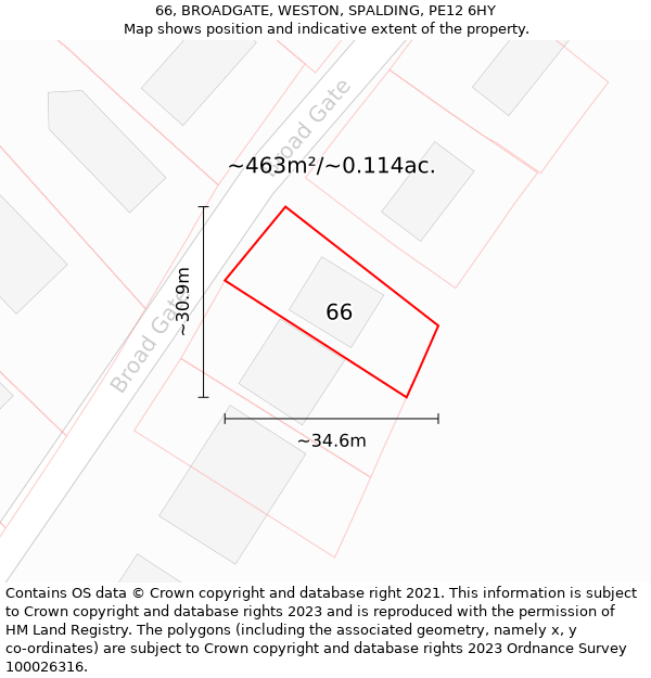 66, BROADGATE, WESTON, SPALDING, PE12 6HY: Plot and title map