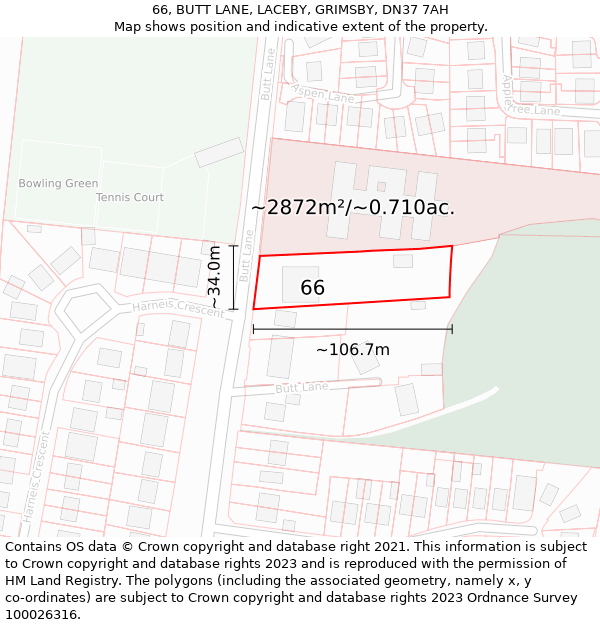 66, BUTT LANE, LACEBY, GRIMSBY, DN37 7AH: Plot and title map