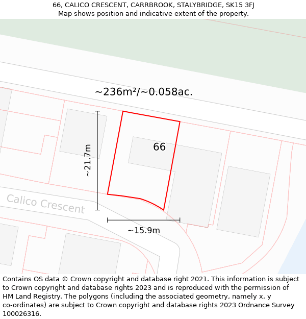 66, CALICO CRESCENT, CARRBROOK, STALYBRIDGE, SK15 3FJ: Plot and title map