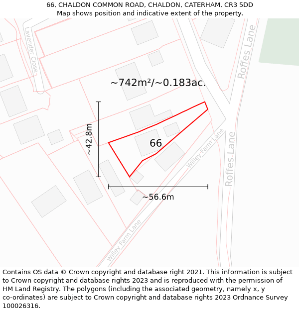 66, CHALDON COMMON ROAD, CHALDON, CATERHAM, CR3 5DD: Plot and title map