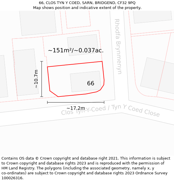 66, CLOS TYN Y COED, SARN, BRIDGEND, CF32 9PQ: Plot and title map