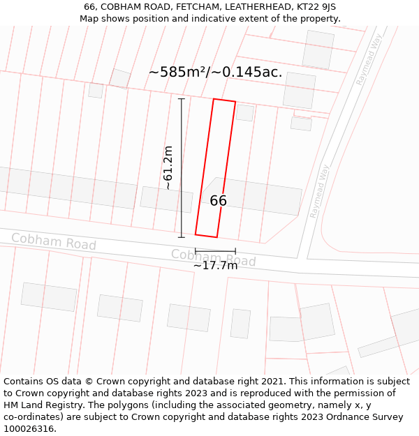 66, COBHAM ROAD, FETCHAM, LEATHERHEAD, KT22 9JS: Plot and title map