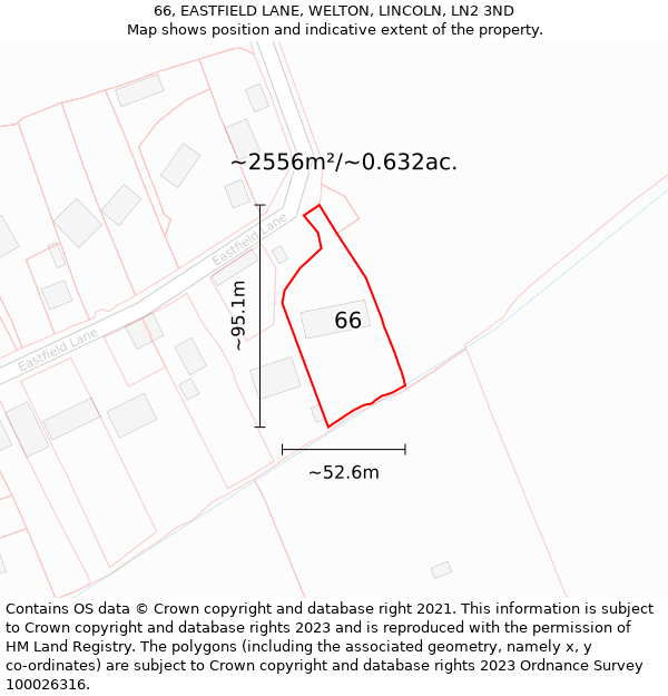 66, EASTFIELD LANE, WELTON, LINCOLN, LN2 3ND: Plot and title map