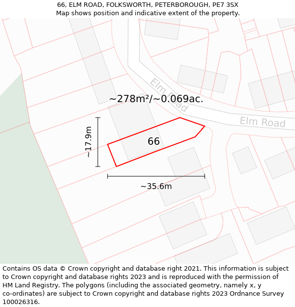 66, ELM ROAD, FOLKSWORTH, PETERBOROUGH, PE7 3SX: Plot and title map