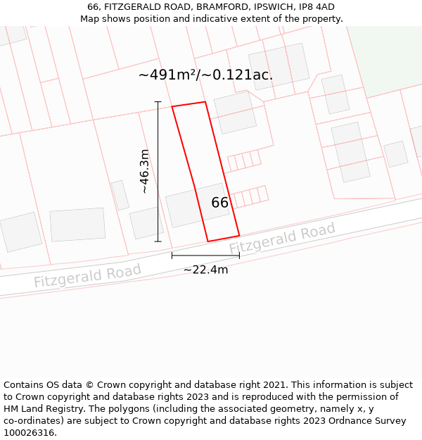 66, FITZGERALD ROAD, BRAMFORD, IPSWICH, IP8 4AD: Plot and title map