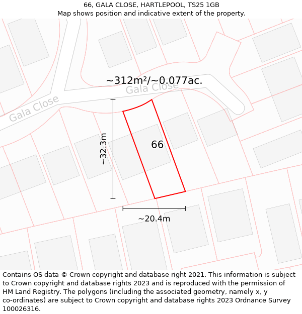 66, GALA CLOSE, HARTLEPOOL, TS25 1GB: Plot and title map