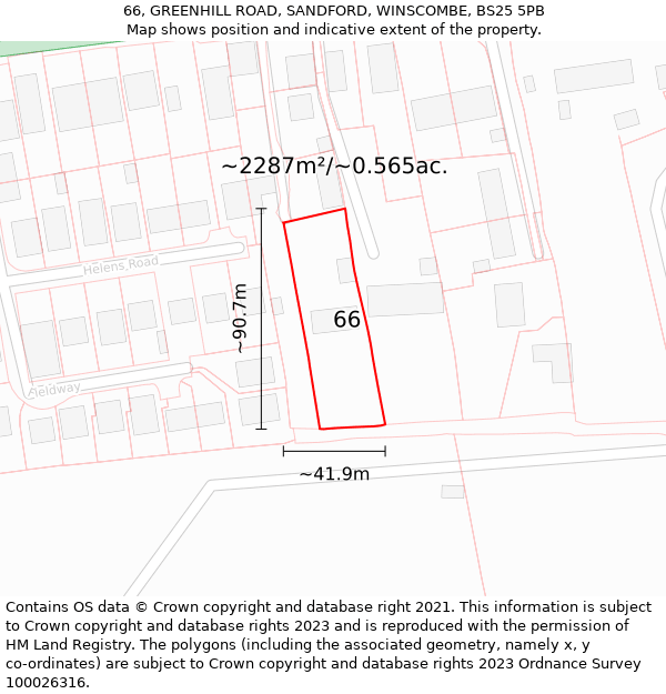 66, GREENHILL ROAD, SANDFORD, WINSCOMBE, BS25 5PB: Plot and title map