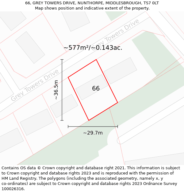 66, GREY TOWERS DRIVE, NUNTHORPE, MIDDLESBROUGH, TS7 0LT: Plot and title map