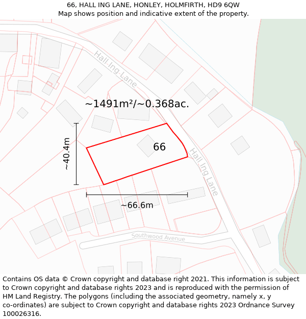 66, HALL ING LANE, HONLEY, HOLMFIRTH, HD9 6QW: Plot and title map