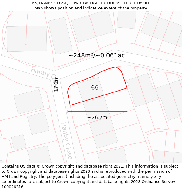 66, HANBY CLOSE, FENAY BRIDGE, HUDDERSFIELD, HD8 0FE: Plot and title map