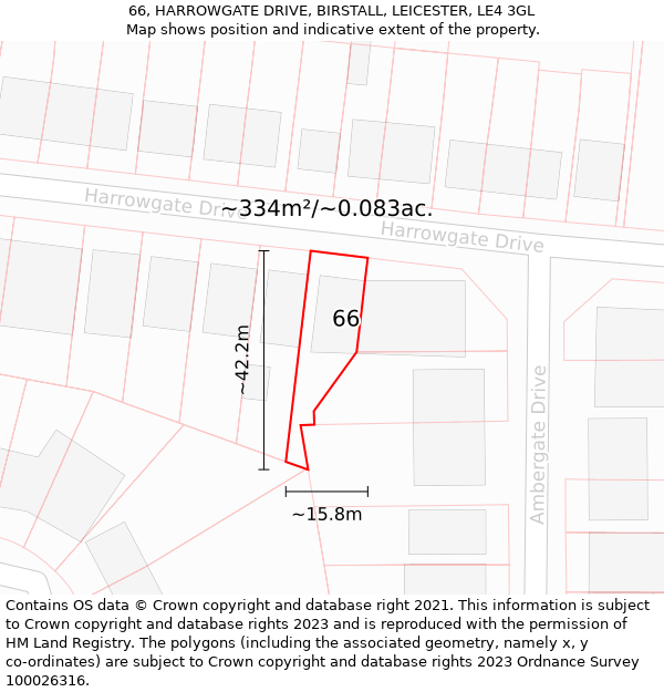 66, HARROWGATE DRIVE, BIRSTALL, LEICESTER, LE4 3GL: Plot and title map