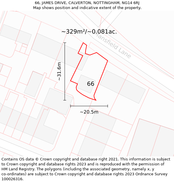 66, JAMES DRIVE, CALVERTON, NOTTINGHAM, NG14 6RJ: Plot and title map