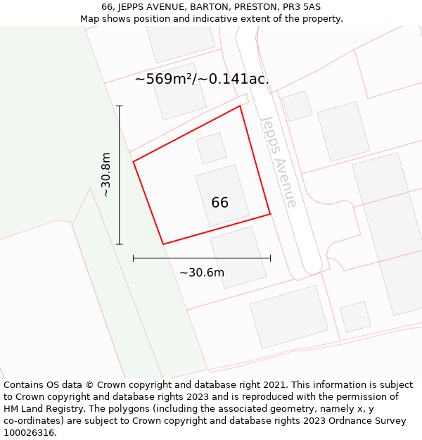 66, JEPPS AVENUE, BARTON, PRESTON, PR3 5AS: Plot and title map