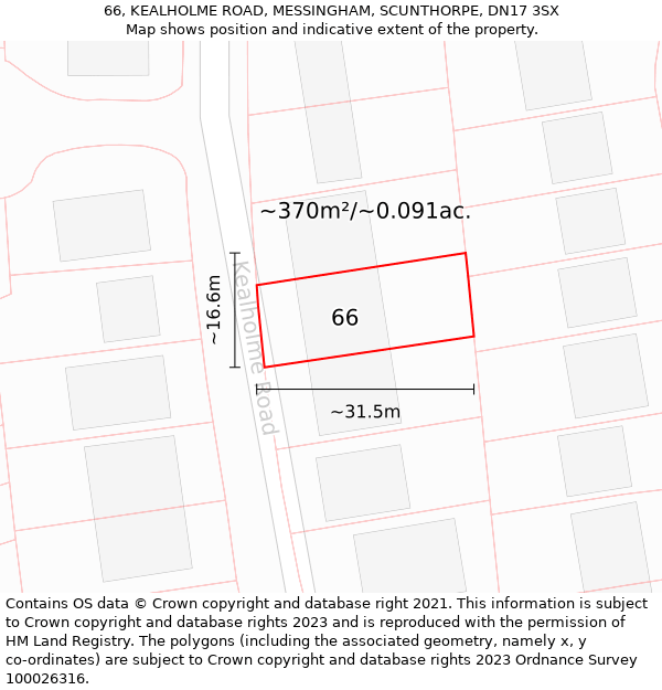 66, KEALHOLME ROAD, MESSINGHAM, SCUNTHORPE, DN17 3SX: Plot and title map