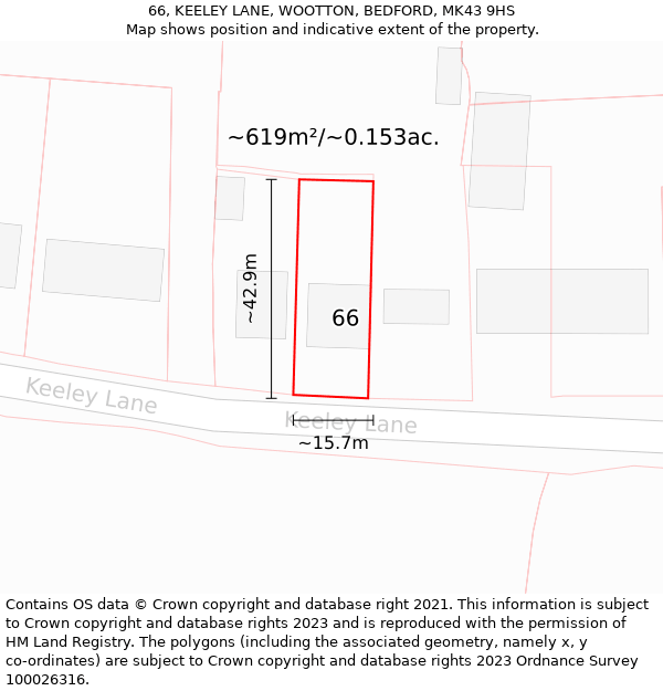 66, KEELEY LANE, WOOTTON, BEDFORD, MK43 9HS: Plot and title map