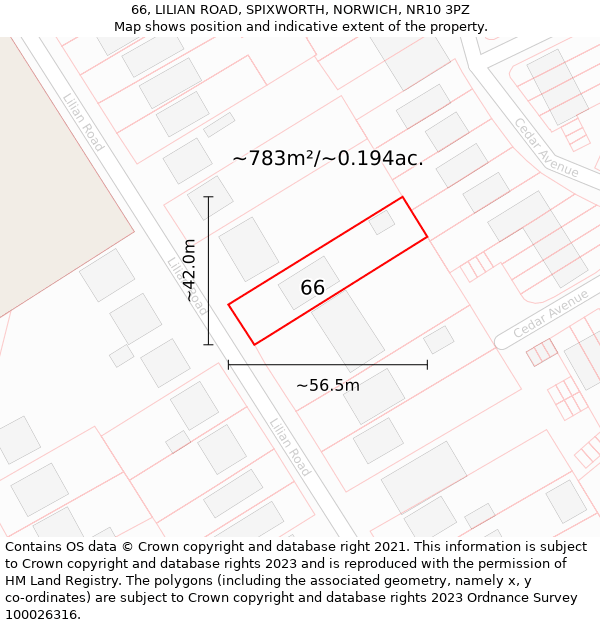 66, LILIAN ROAD, SPIXWORTH, NORWICH, NR10 3PZ: Plot and title map