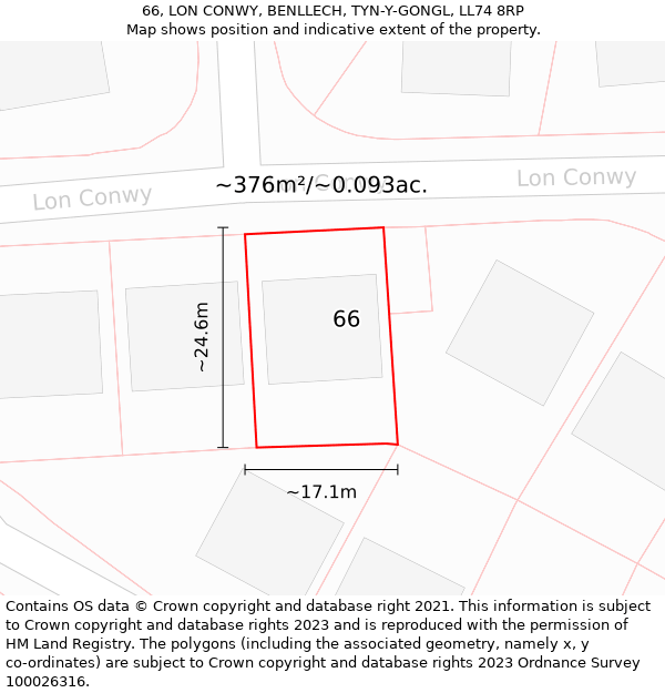 66, LON CONWY, BENLLECH, TYN-Y-GONGL, LL74 8RP: Plot and title map