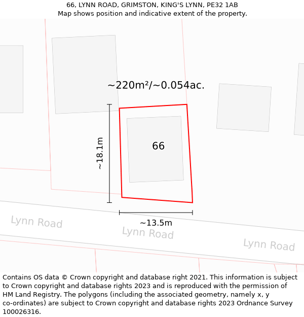 66, LYNN ROAD, GRIMSTON, KING'S LYNN, PE32 1AB: Plot and title map