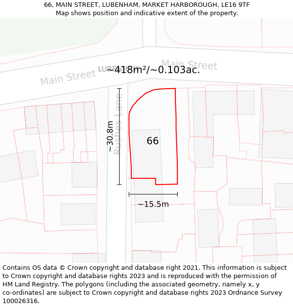 66, MAIN STREET, LUBENHAM, MARKET HARBOROUGH, LE16 9TF: Plot and title map