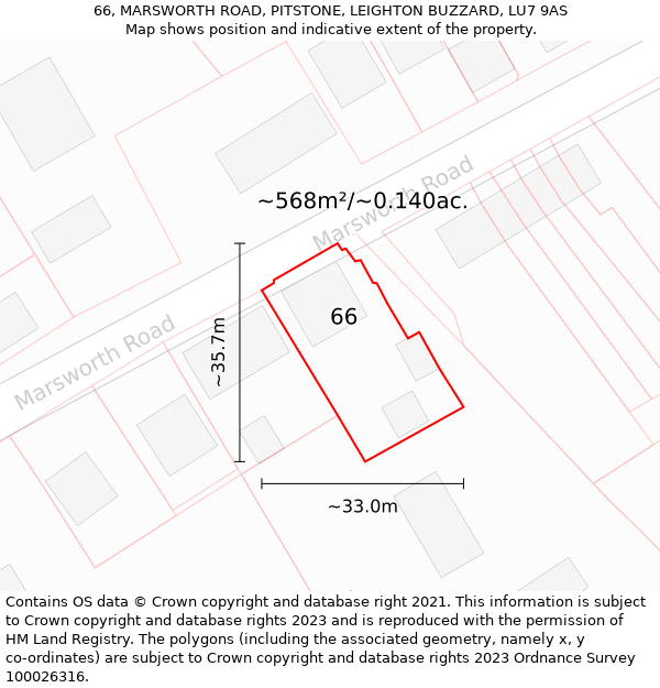 66, MARSWORTH ROAD, PITSTONE, LEIGHTON BUZZARD, LU7 9AS: Plot and title map