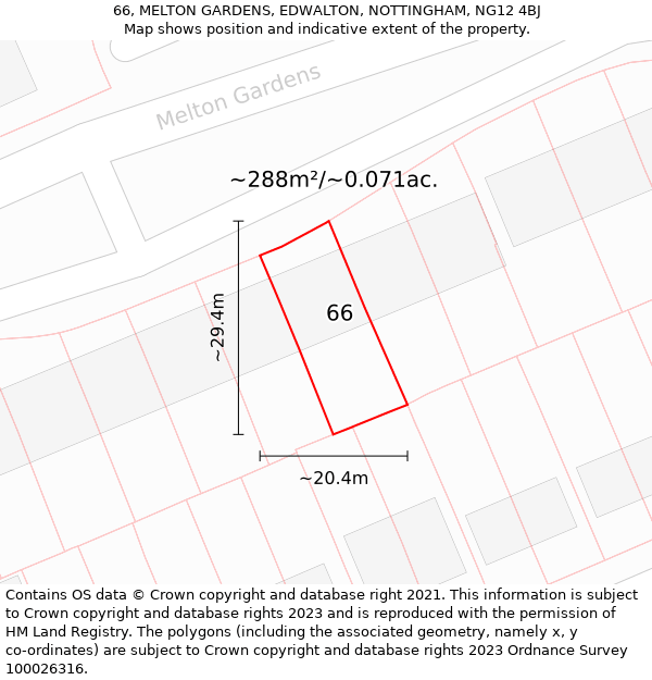 66, MELTON GARDENS, EDWALTON, NOTTINGHAM, NG12 4BJ: Plot and title map