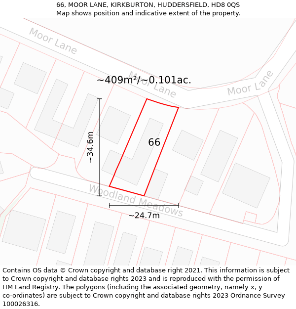 66, MOOR LANE, KIRKBURTON, HUDDERSFIELD, HD8 0QS: Plot and title map